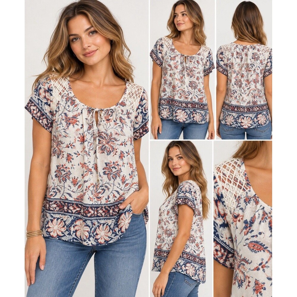 Lucky Brand Floral Paisley Peasant Blouse Crochet Lace Boho Top Size Medium